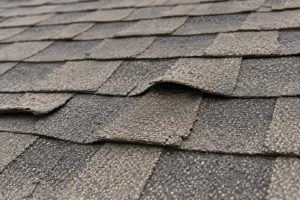 Weathered asphalt roof shingles with curling edges and lifted tabs.
